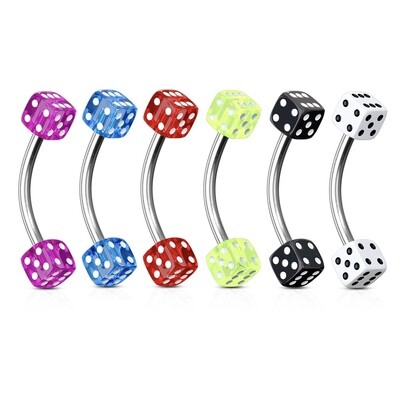 Six 16G curved eyebrow rings with colorful acrylic dice ends and stainless steel bars.