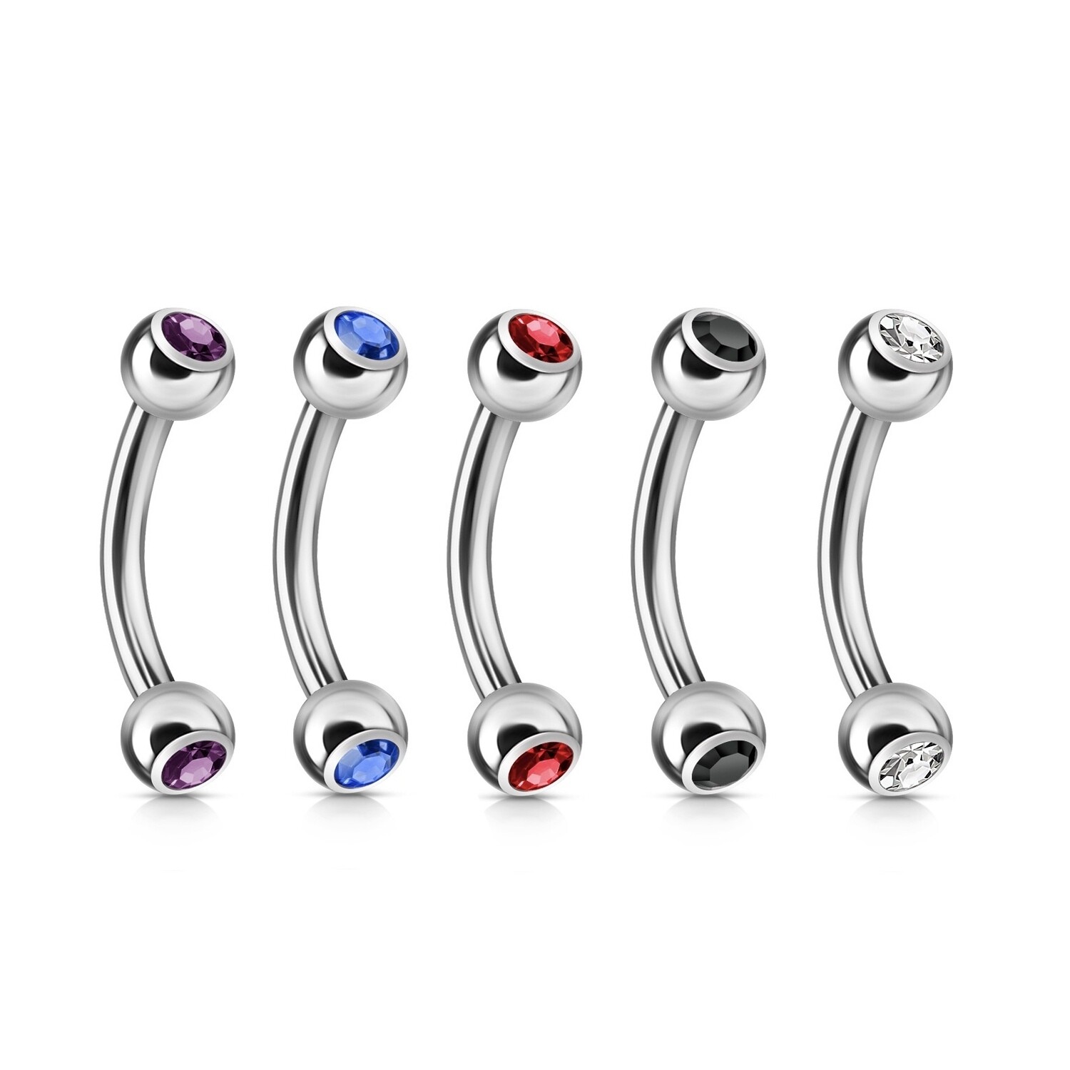 Five 16G stainless steel curved eyebrow rings with purple, blue, red, black, and clear gems.