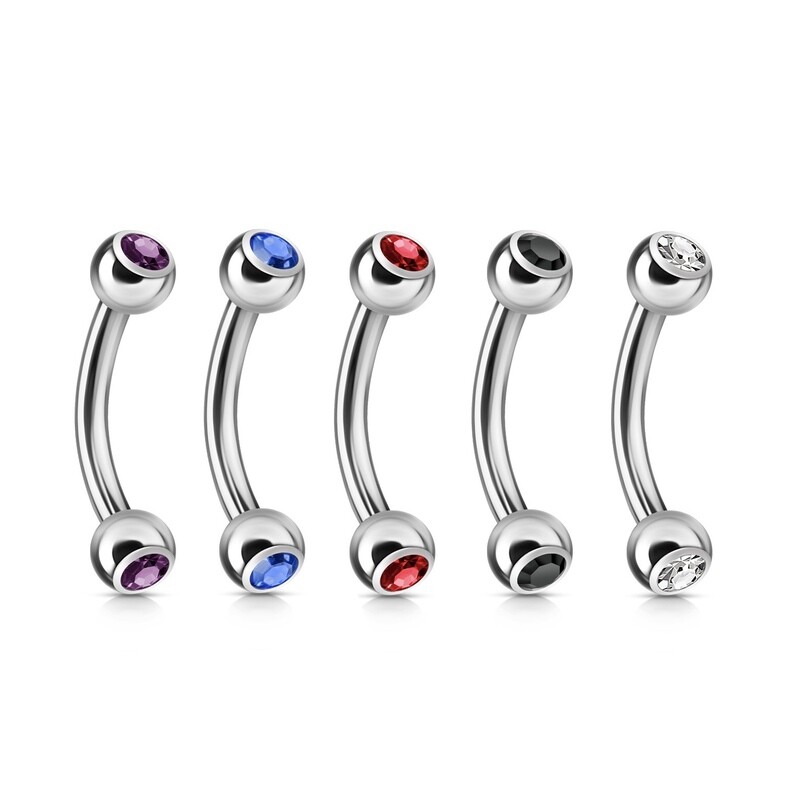 Five 16G stainless steel curved eyebrow rings with purple, blue, red, black, and clear gems.