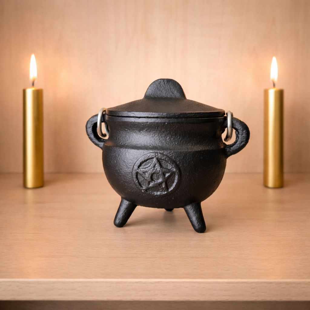 Small cast iron pentagram cauldron with lid on wooden altar with candles from Arkadys Metaphysical Gifts Amarillo TX