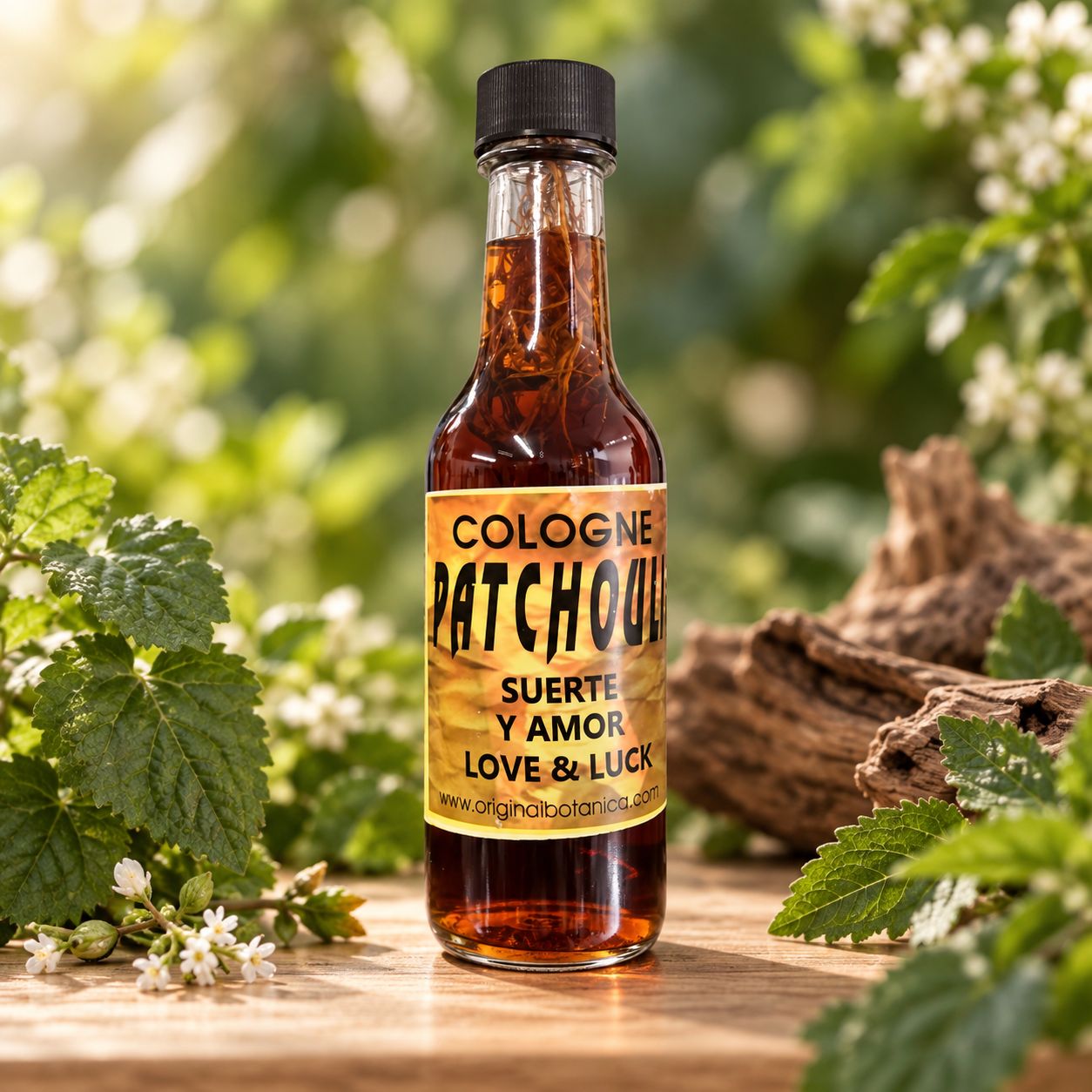 Patchouli Root Cologne bottle on a light wooden table with greenery