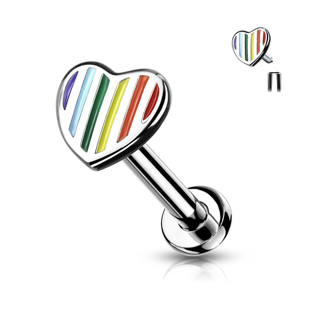 16G rainbow striped heart internally threaded flat-back body jewelry in 316L surgical stainless steel.