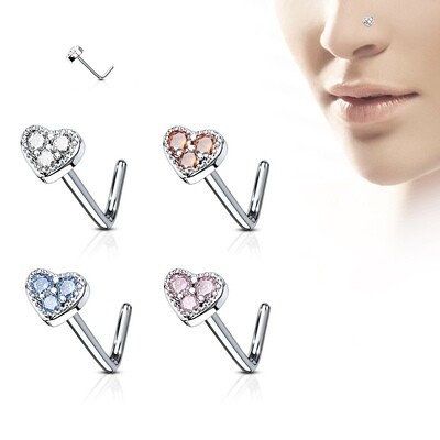 Four 20G L-bend nose rings with red, clear, blue, and pink heart-shaped CZ accents.
