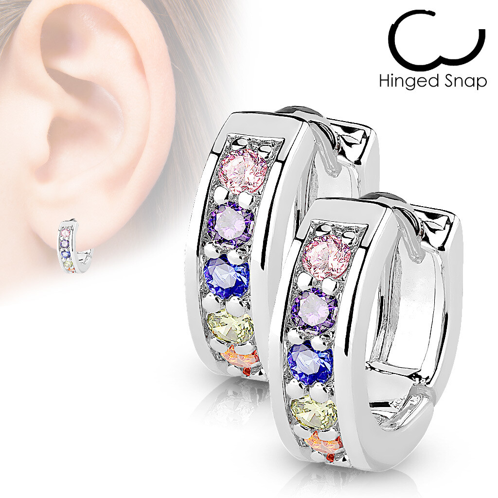 Pair of Rainbow channel CZ hinged hoop earrings in 316L surgical stainless steel.