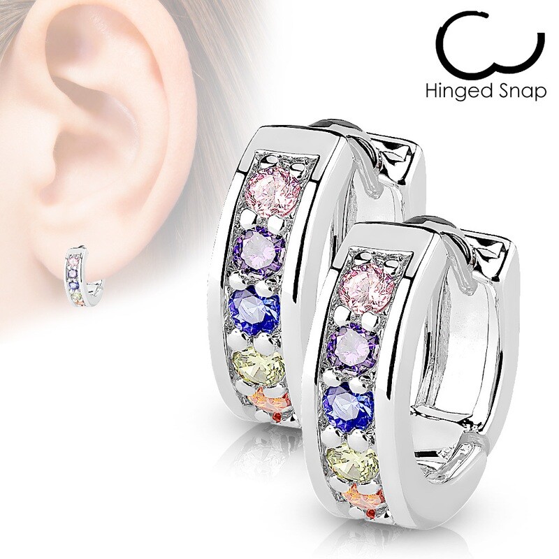Pair of Rainbow channel CZ hinged hoop earrings in 316L surgical stainless steel.
