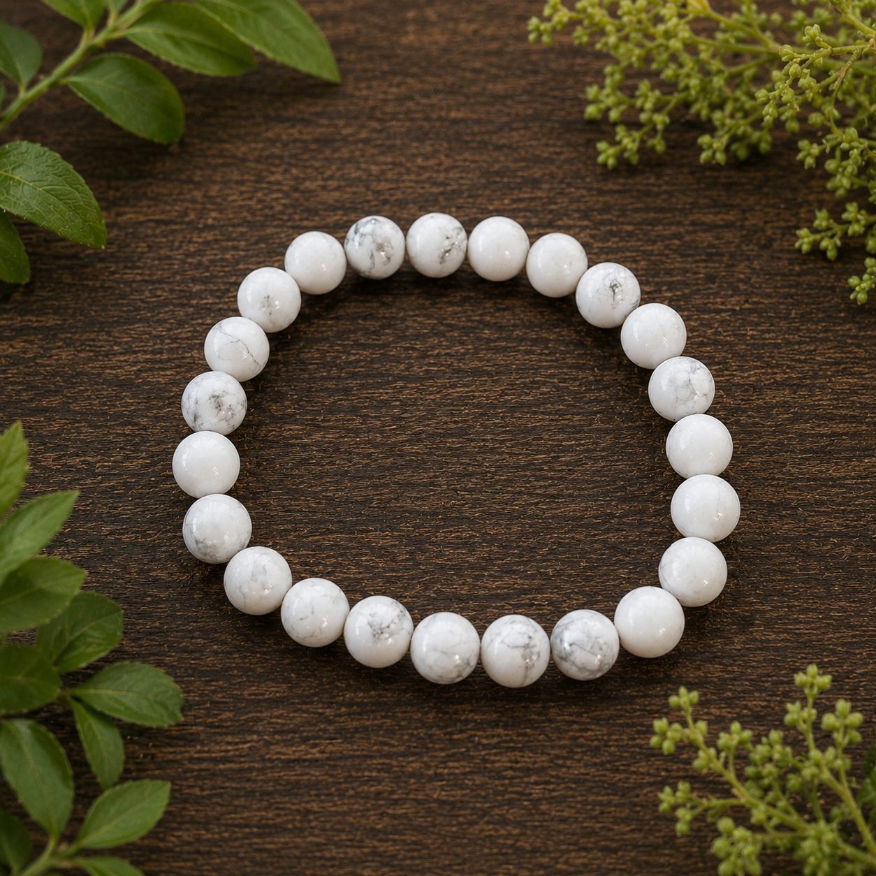 White howlite 8mm gemstone bracelet with natural gray veining.