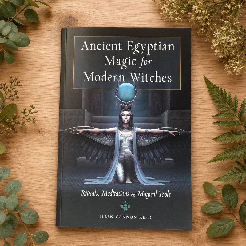 Ancient Egyptian Magic for Modern Witches by Ellen Cannon Reed displayed on light wood with greenery.