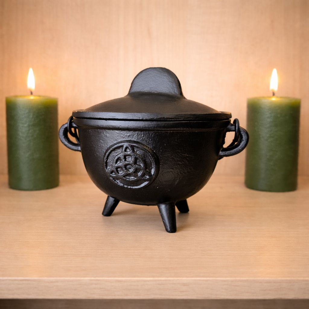 Cast iron triquetra cauldron with lid on wooden altar with candles from Arkadys Metaphysical Gifts Amarillo TX