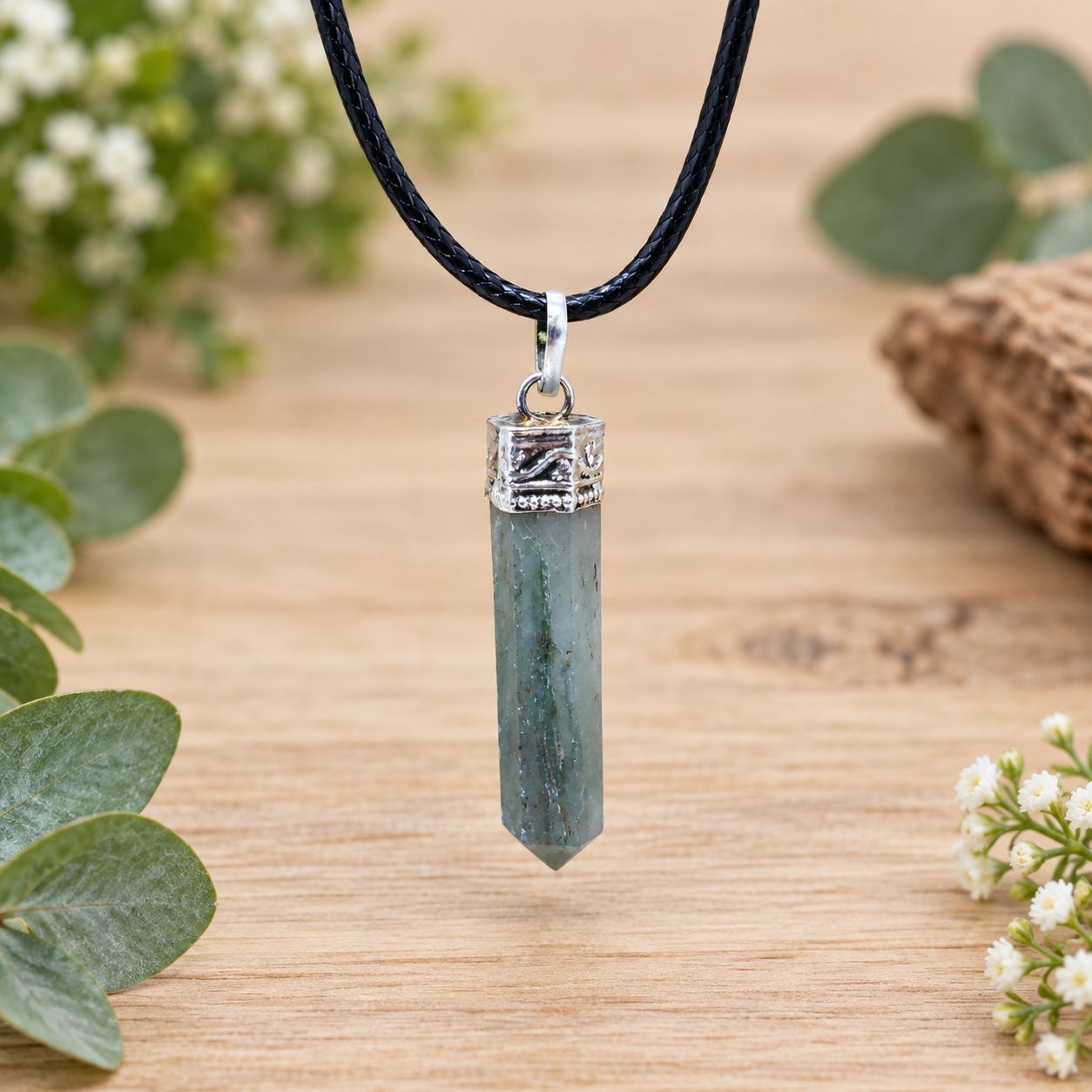 Green aventurine pencil pendant necklace with silver-tone cap and black cord displayed on light wood with greenery.