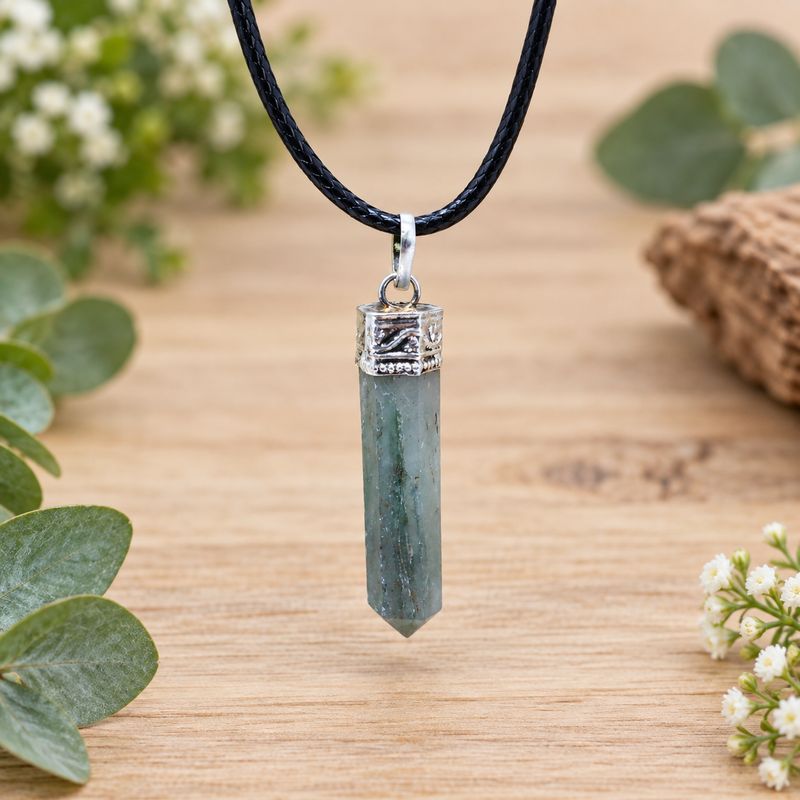 Green aventurine pencil pendant necklace with silver-tone cap and black cord displayed on light wood with greenery.