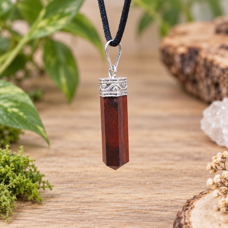 Red jasper pencil pendant necklace with silver-tone cap and black cord displayed on natural wood with greenery.