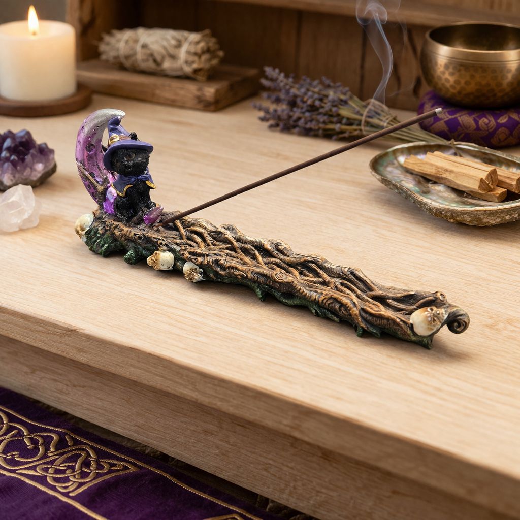Magical cat moon incense burner with black cat and crescent moon on wooden altar at Arkadys Metaphysical Gifts Amarillo TX