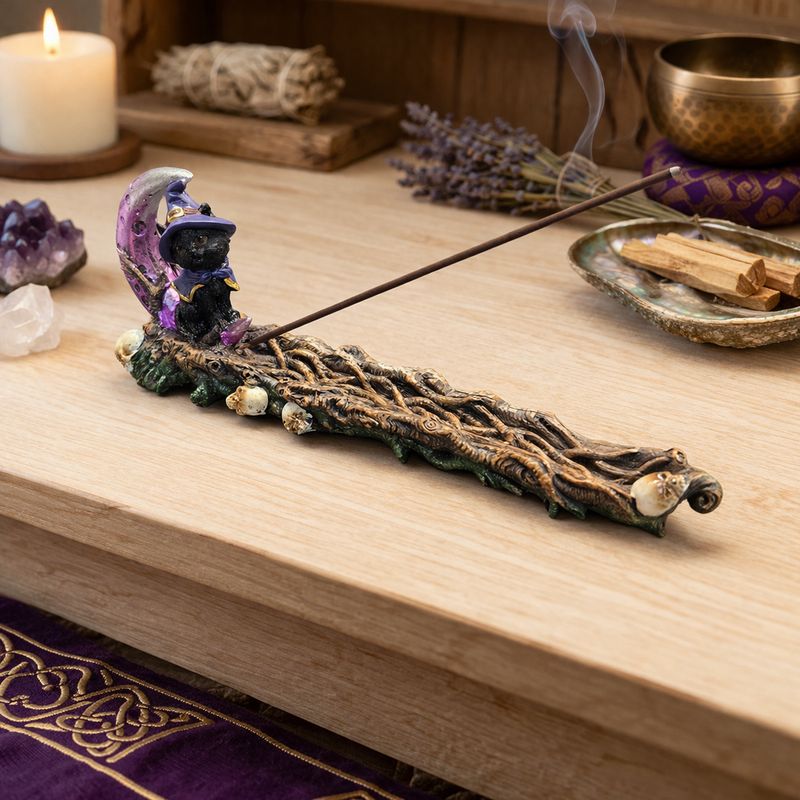 Magical cat moon incense burner with black cat and crescent moon on wooden altar at Arkadys Metaphysical Gifts Amarillo TX