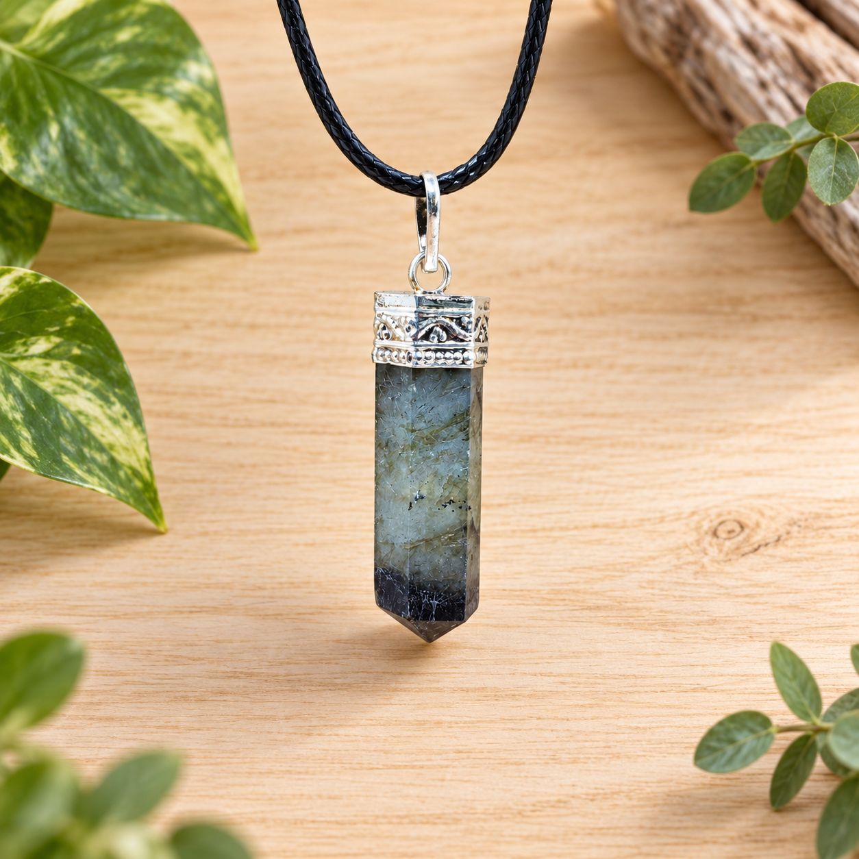 Labradorite pencil pendant necklace with silver-tone cap on black cord displayed on light wood with greenery.