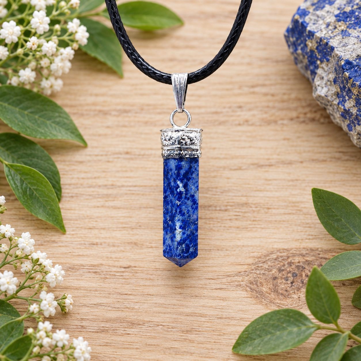 Lapis lazuli pencil pendant necklace with silver-tone cap on black cord displayed on light wood with greenery.