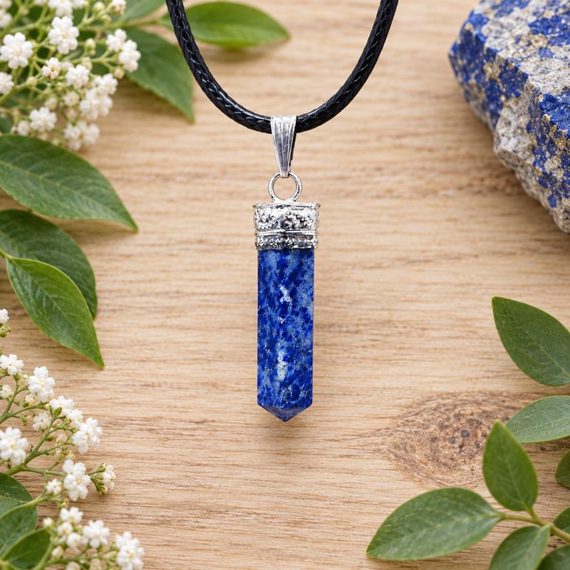 Lapis lazuli pencil pendant necklace with silver-tone cap on black cord displayed on light wood with greenery.