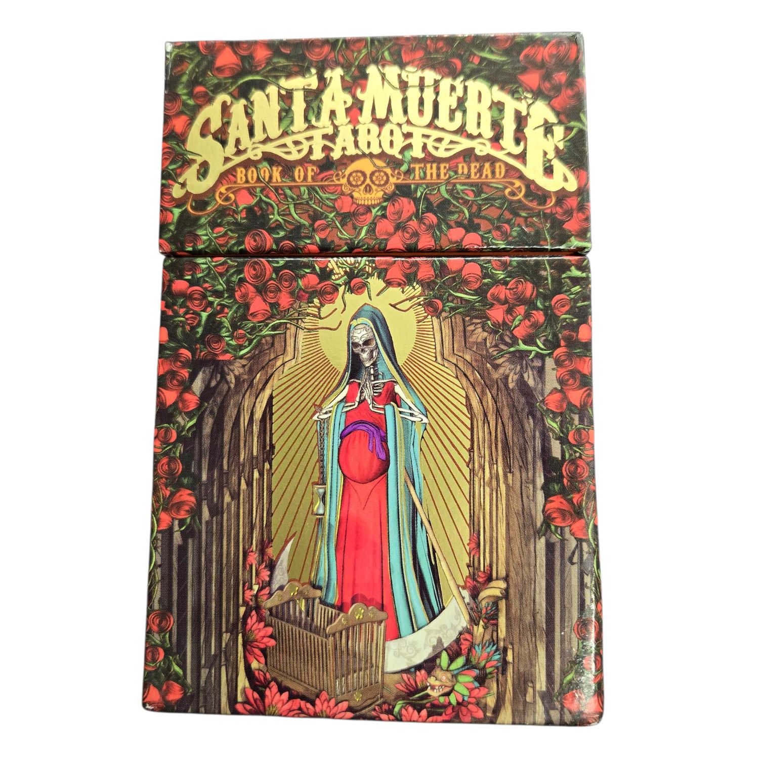 Santa Muerte Tarot deck by Fabio Listrani featuring colorful skeletal artwork on the illustrated box