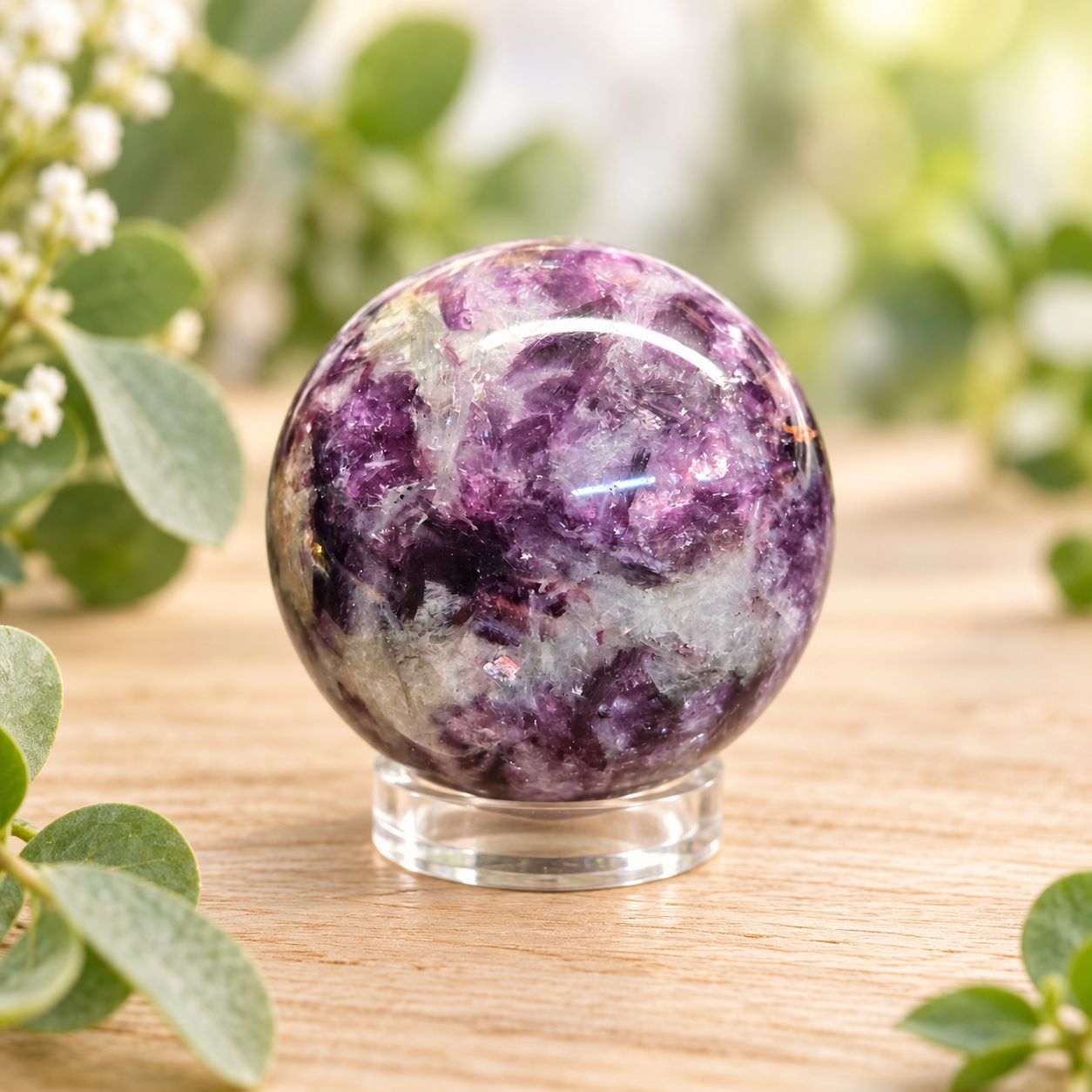 Small Lepidolite sphere with lavender, purple, and white natural patterning on a light wooden table with greenery.