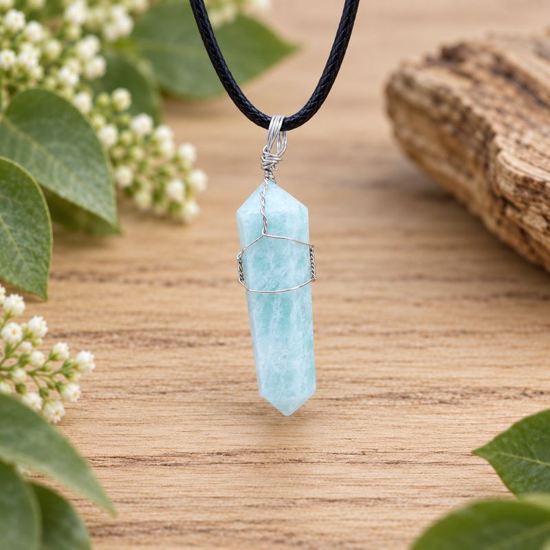 Amazonite wire wrap point necklace with silver-tone wire and black cord displayed on light wood with greenery.