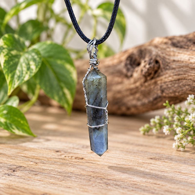 Labradorite wire wrap point necklace with silver-tone wire and black cord displayed on light wood with greenery.