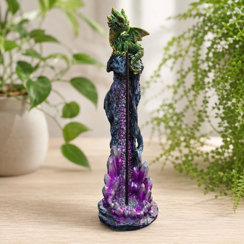 Baby Dragon Druzy Standing Incense Burner with incense stick.