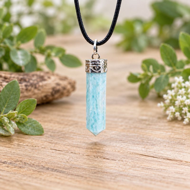 Amazonite pencil pendant necklace with silver-tone cap and black cord displayed on natural wood with greenery.