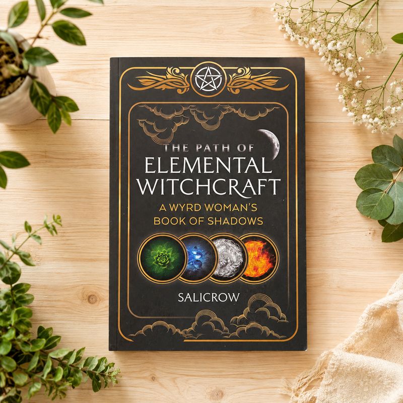 The Path of Elemental Witchcraft by Salicrow on a light wooden table with greenery.