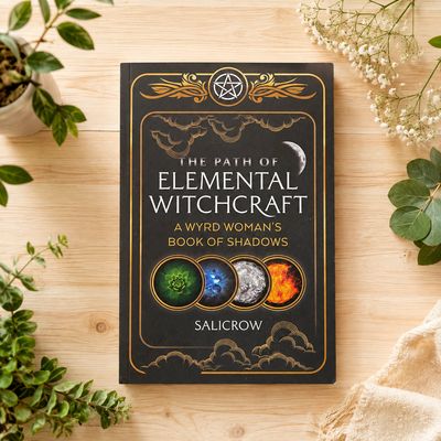 The Path of Elemental Witchcraft by Salicrow on a light wooden table with greenery.