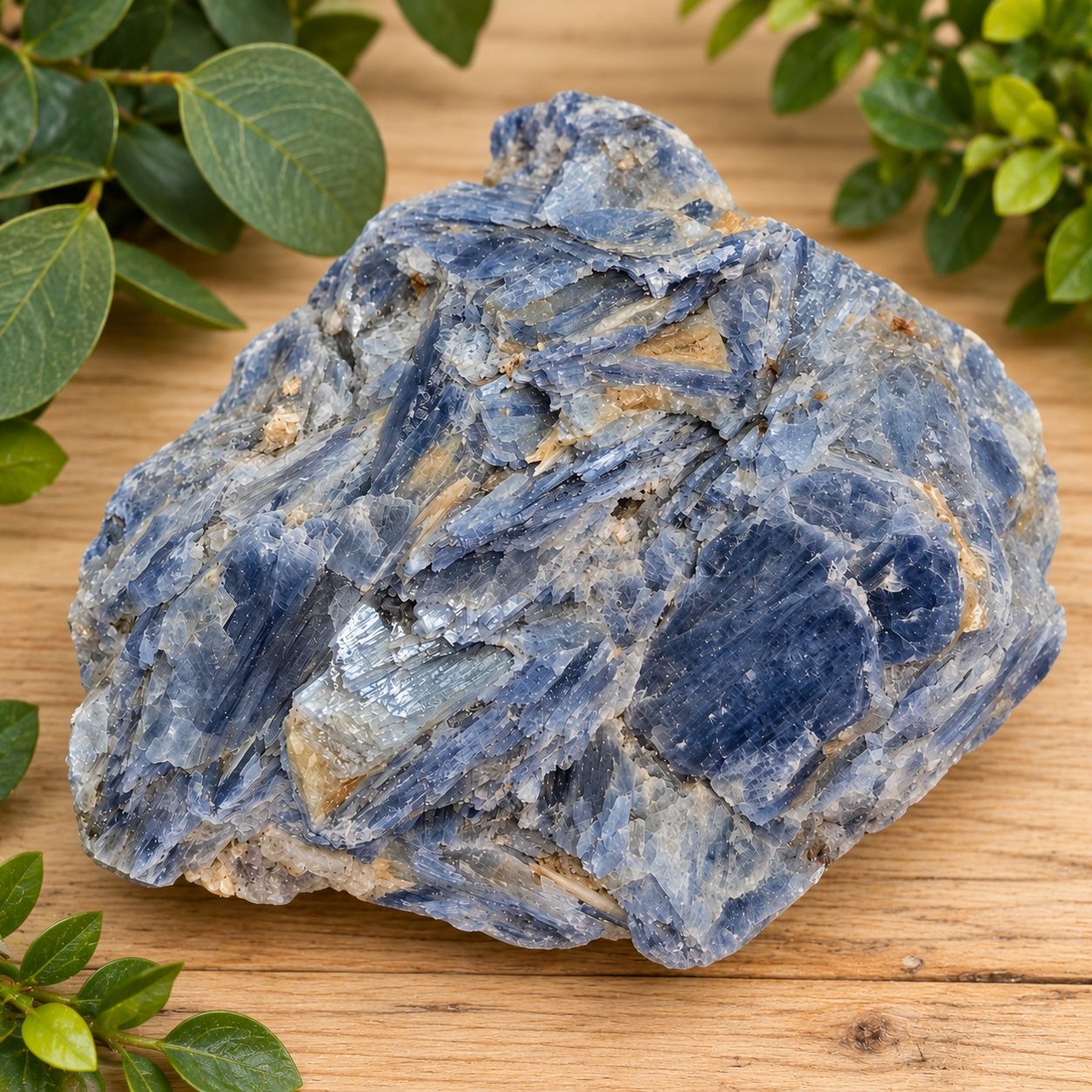 Large Blue Kyanite blades specimen with layered blue-gray crystals and natural mineral inclusions on a wooden table.