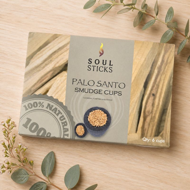 Soul Sticks Palo Santo Smudge Cups six-pack displayed on a light wooden table with greenery.
