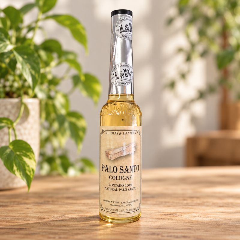 Palo Santo Cologne bottle displayed on a light wooden table with greenery.