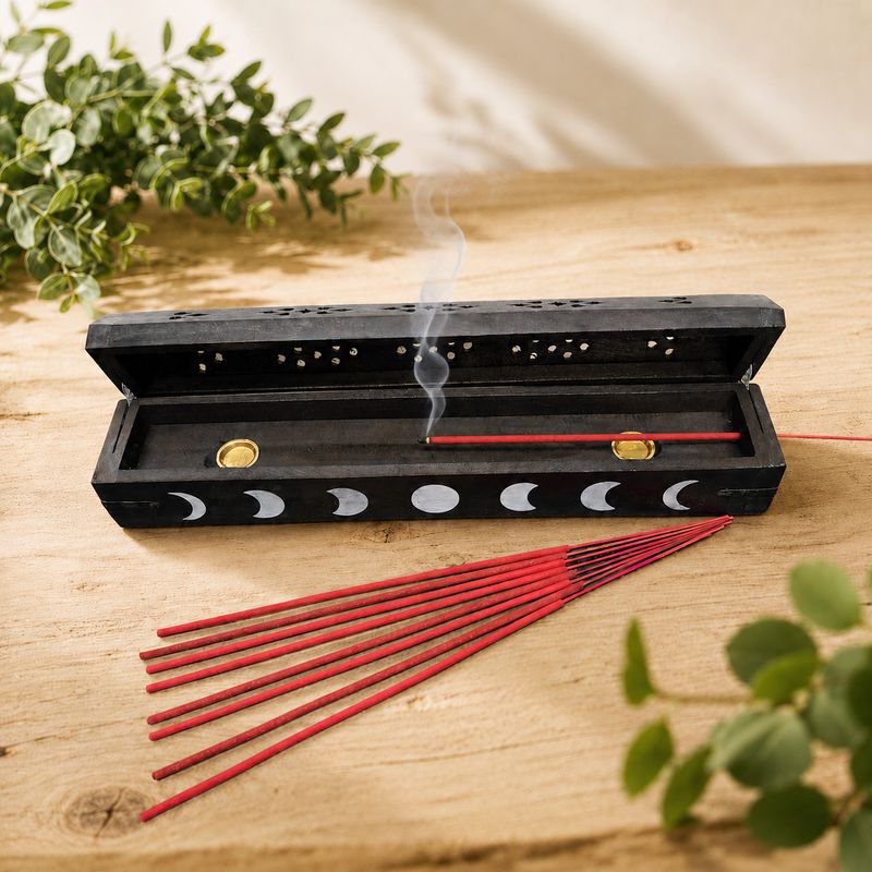Moon Phases Wood Coffin Incense Burner holding a smoldering red incense stick