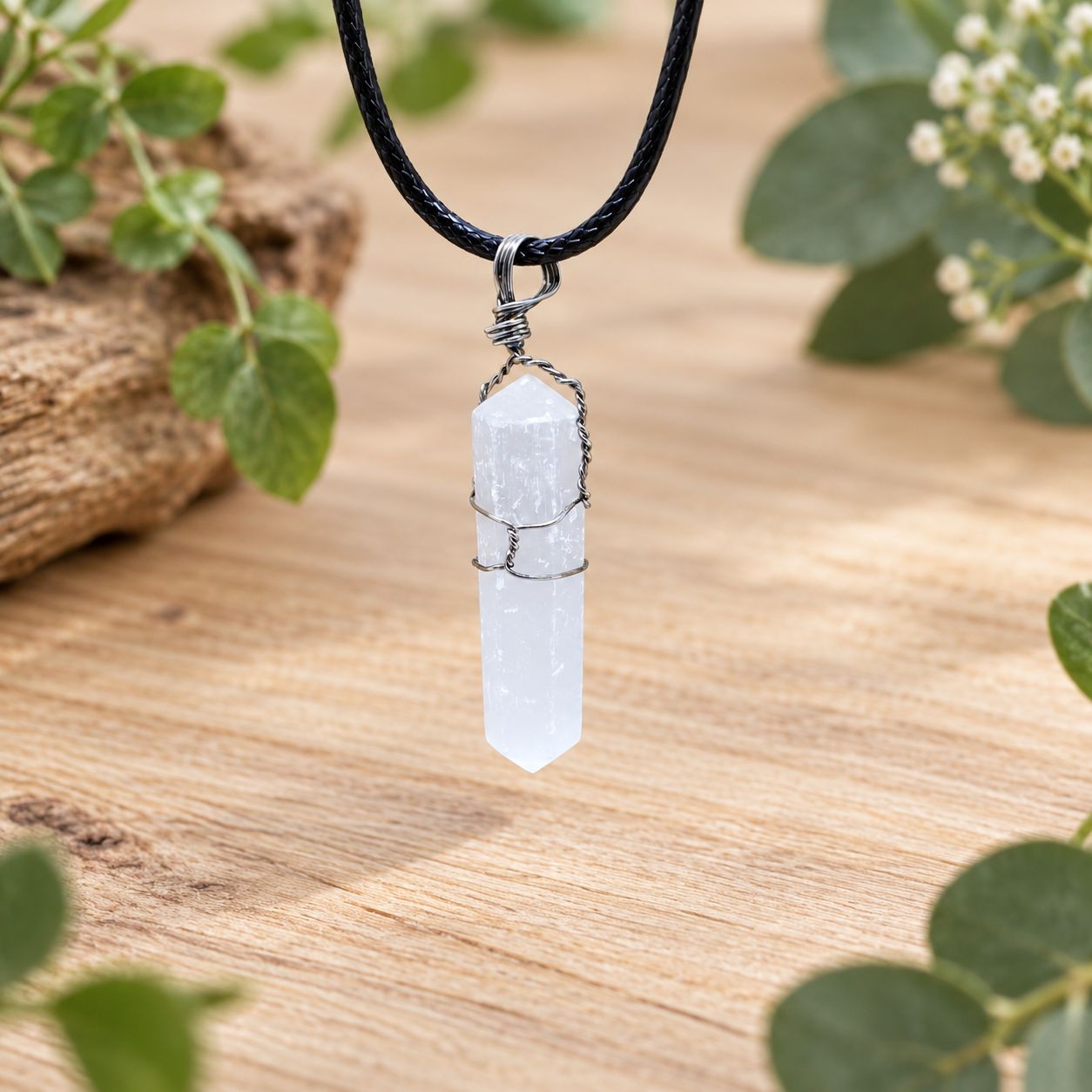 Selenite point wire wrap necklace with silver-tone wire and black cord displayed on light wood with greenery.