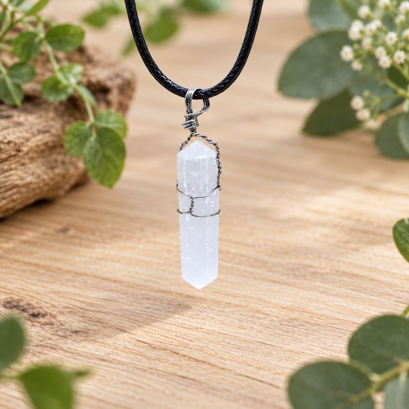 Selenite point wire wrap necklace with silver-tone wire and black cord displayed on light wood with greenery.