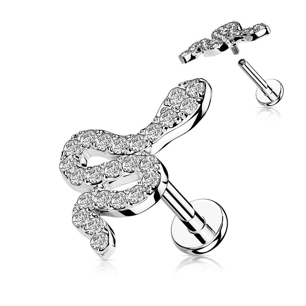 CZ snake 16G labret stud with clear stones and a stainless steel flat-back post.