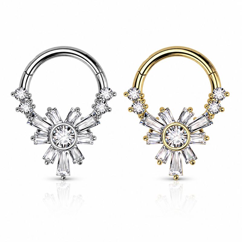 Gold and steel Shining CZs hinge segment rings 16G 3/8 inch with radiant clear CZ sunburst design.