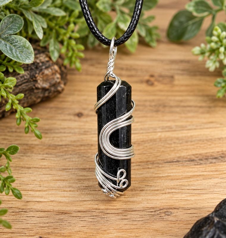 Ornate wire wrap black tourmaline necklace on black cord over light wood with greenery.