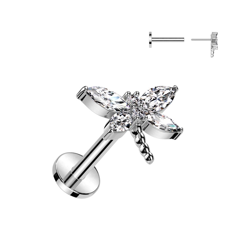 Steel 16G dragonfly pop-in labret with clear gem wings and flat-back post.