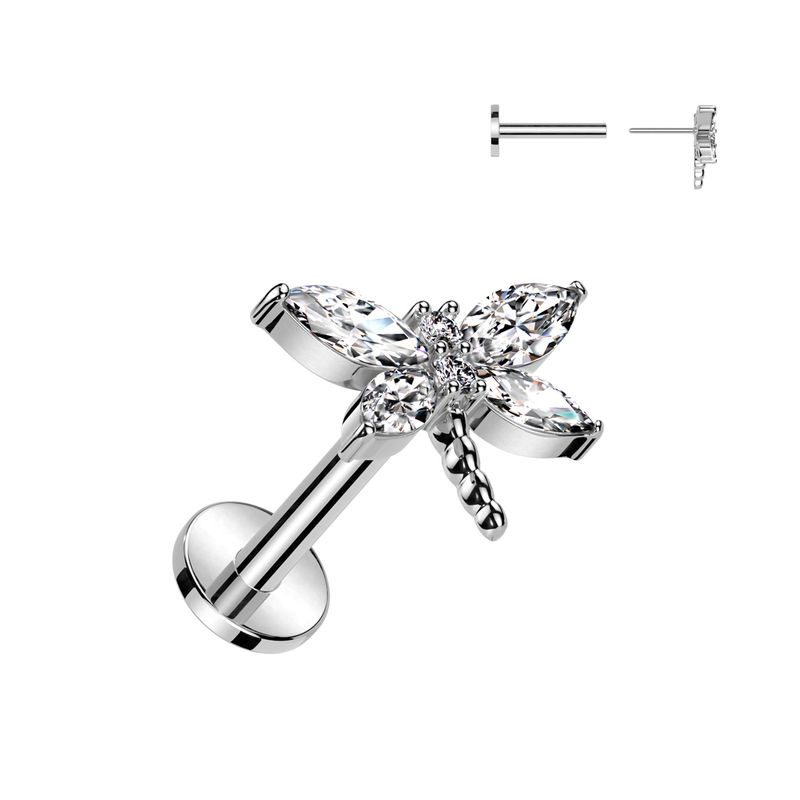 Steel 16G dragonfly pop-in labret with clear gem wings and flat-back post.