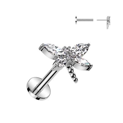 Steel 16G dragonfly pop-in labret with clear gem wings and flat-back post.