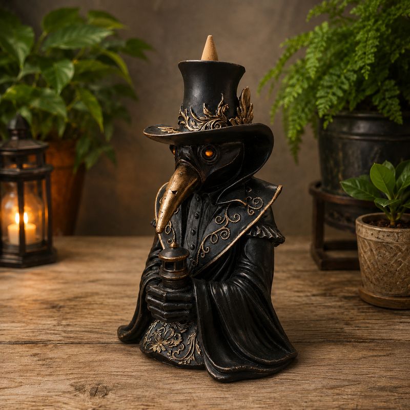 Plague Doctor Back Flow Burner on wooden table with plants.