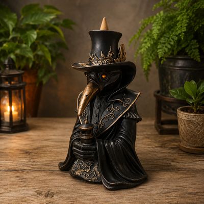 Plague Doctor Back Flow Burner on wooden table with plants.
