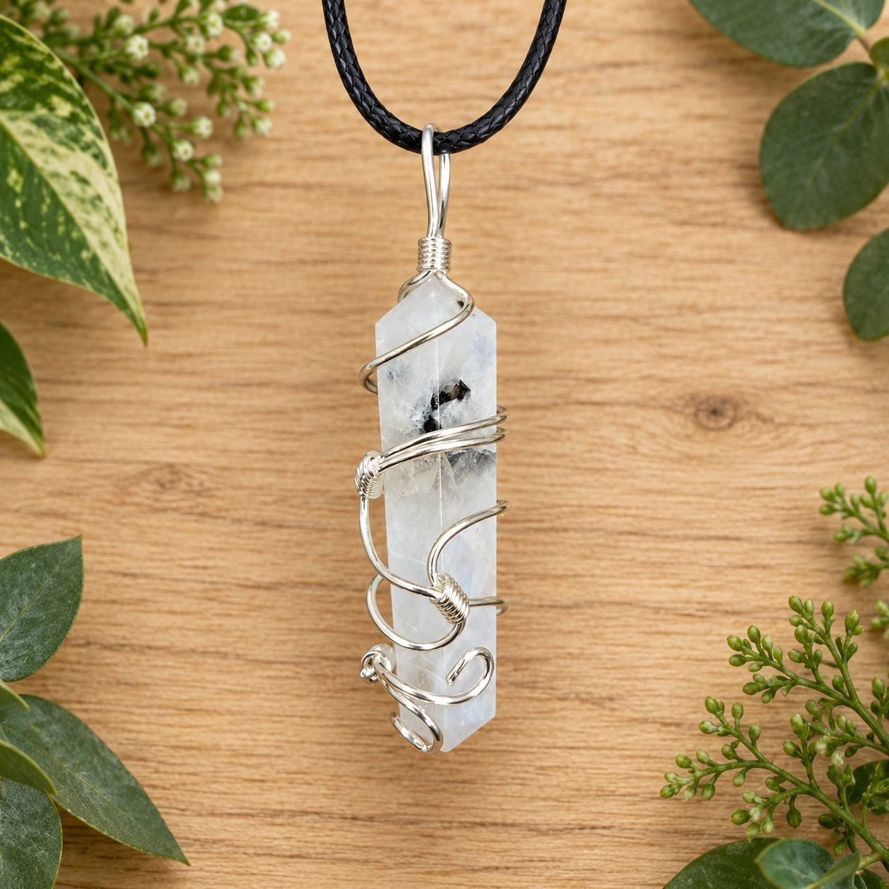 Ornate wire wrap rainbow moonstone point necklace on black cord over light wood with greenery.