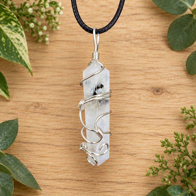 Ornate wire wrap rainbow moonstone point necklace on black cord over light wood with greenery.