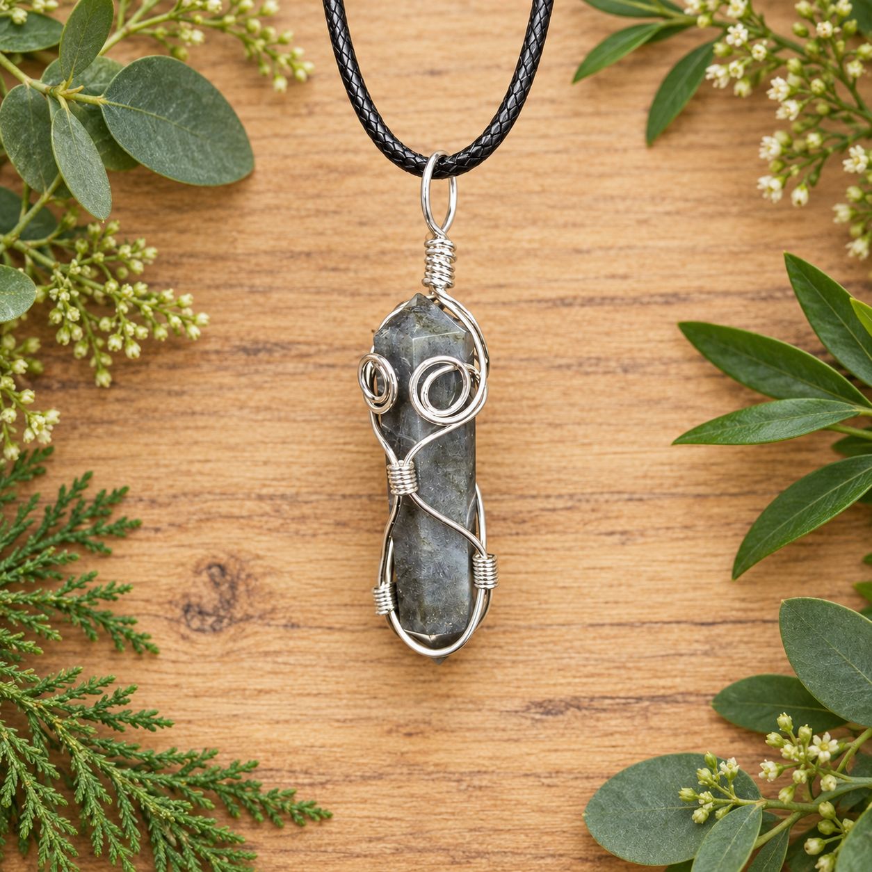 Ornate wire wrap labradorite point necklace on black cord over light wood with greenery.