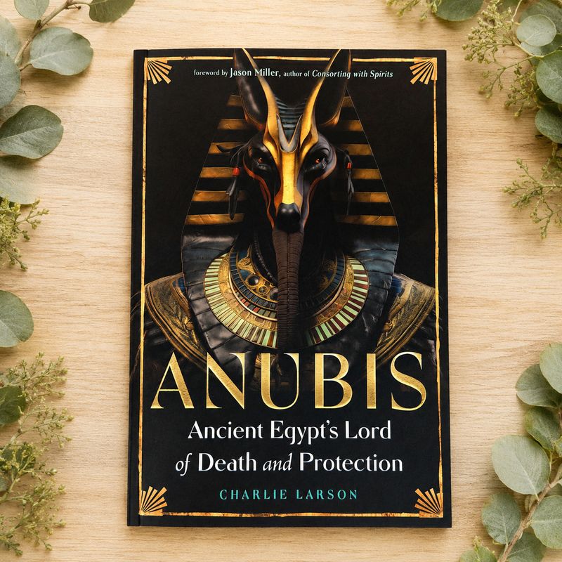 Anubis by Charlie Larson displayed on a light wooden table with greenery around the edges.