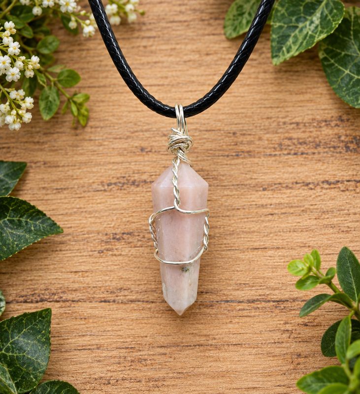 Pink opal wire wrap pendant necklace on black cord over light wood with greenery.