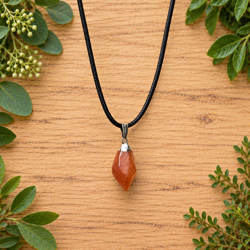Carnelian faceted point pendant necklace on black cord over light wood with greenery.