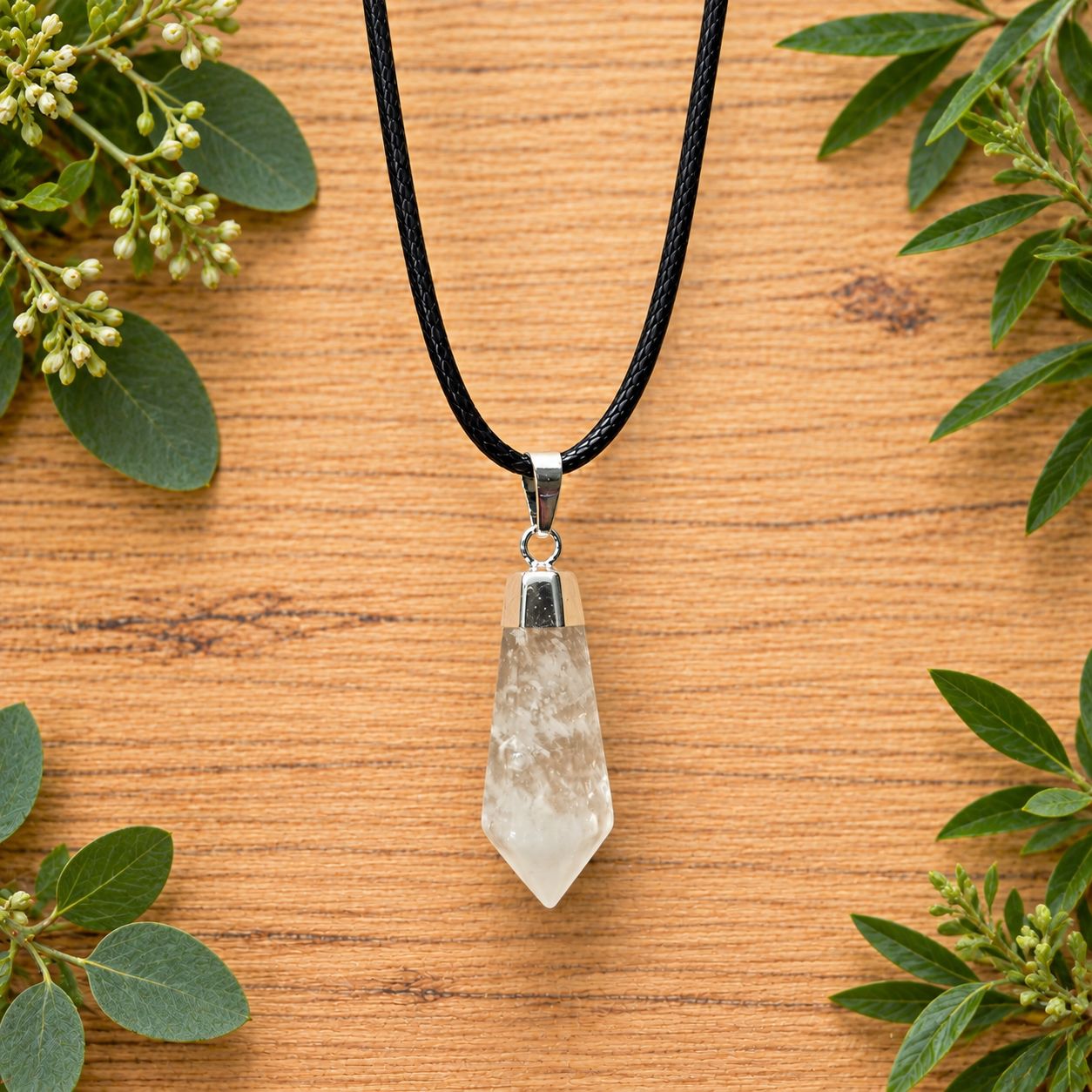 Quartz faceted point pendant necklace on black cord over light wood with greenery.