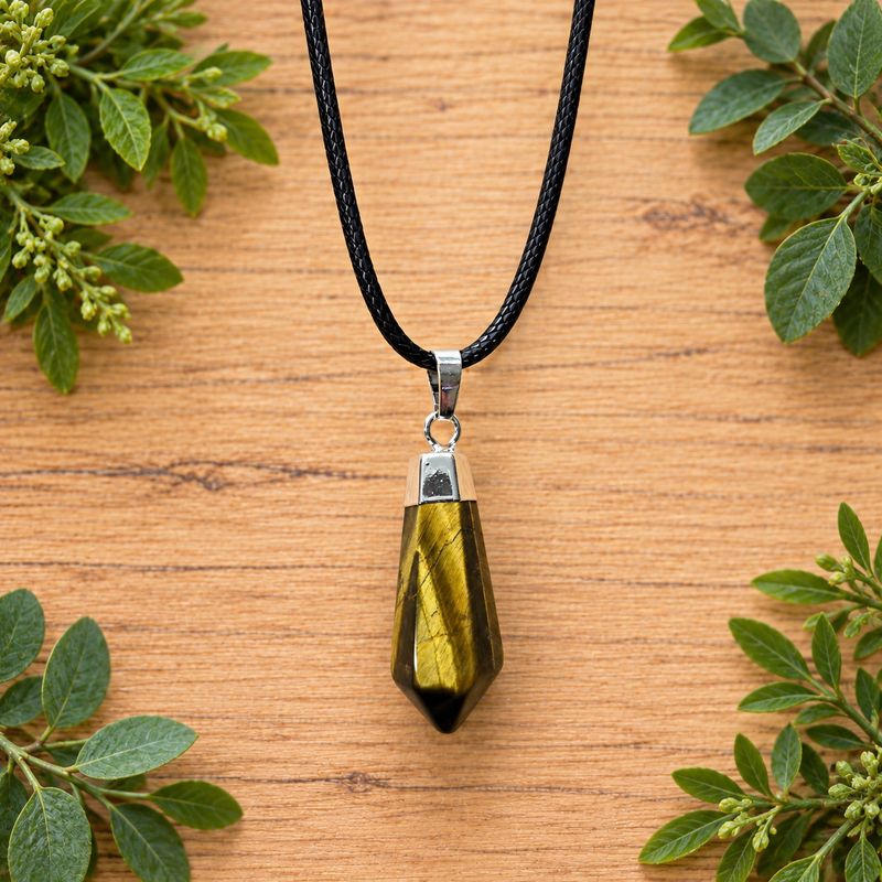 Tiger eye faceted point pendant necklace on black cord over light wood with greenery.